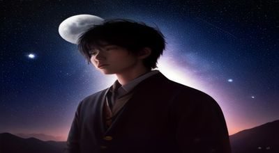 星野夜晚户外露营区，篝火燃烧在绿树环绕的空地中央，头顶是繁星密布的深蓝夜空，气氛温馨而原始